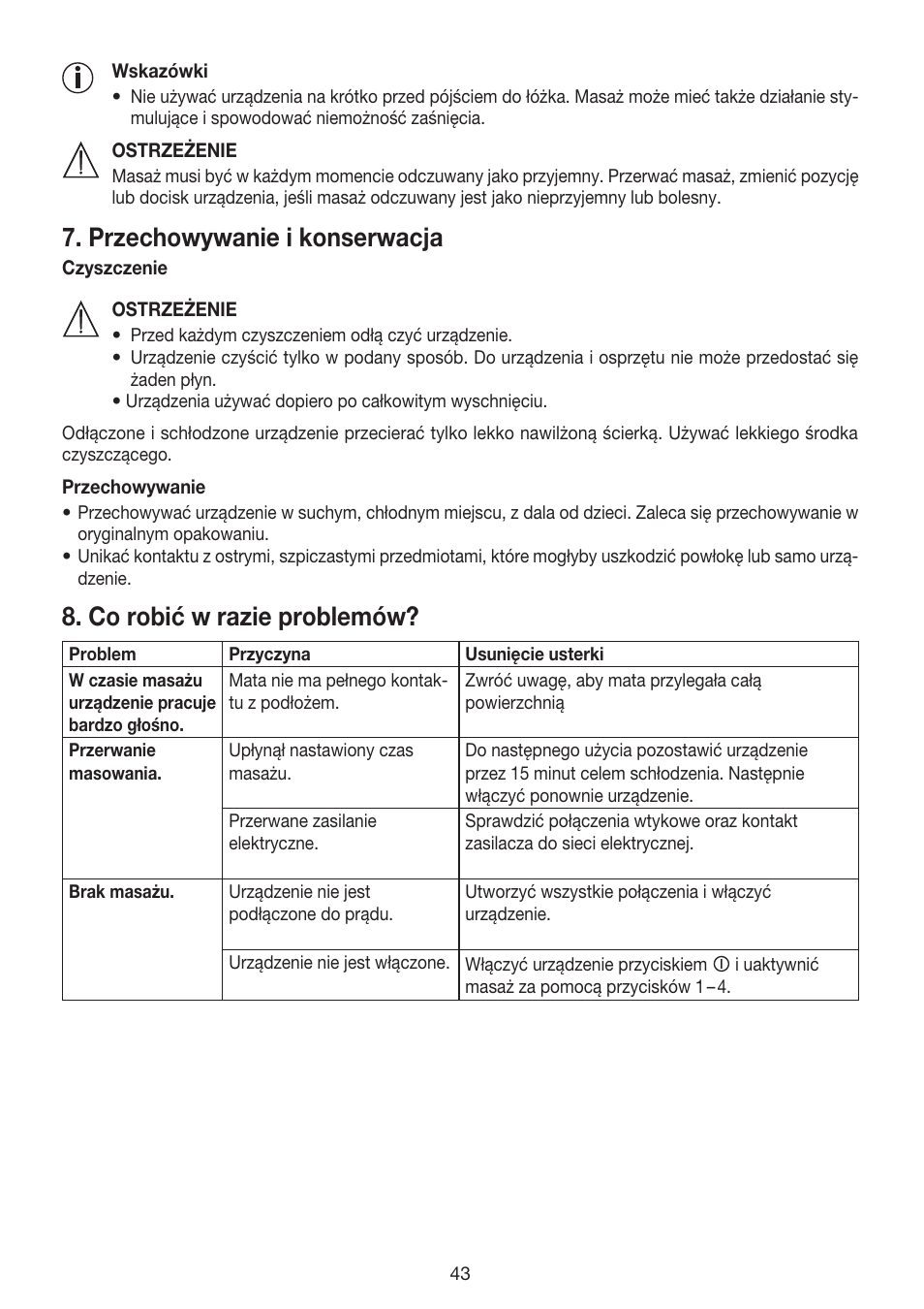 Przechowywanie i konserwacja, Co robić w razie problemów | Beurer MG 170 User Manual | Page 43 / 44