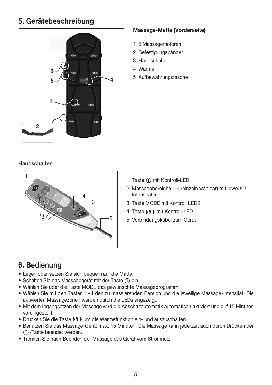 Gerätebeschreibung, Bedienung | Beurer MG 170 User Manual | Page 5 / 44