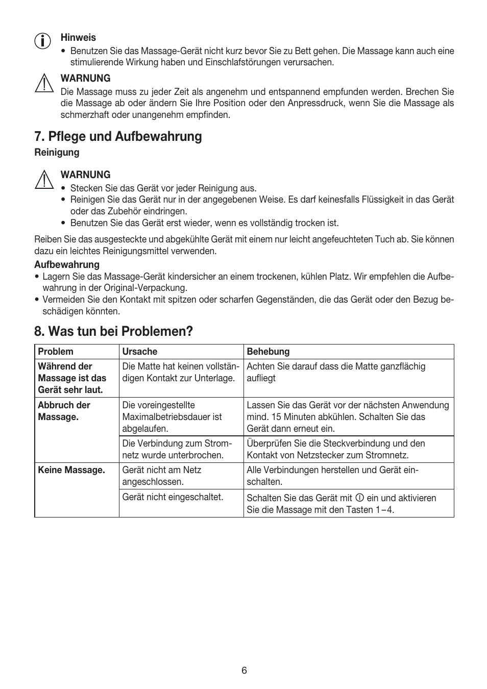 Pflege und aufbewahrung, Was tun bei problemen | Beurer MG 170 User Manual | Page 6 / 44