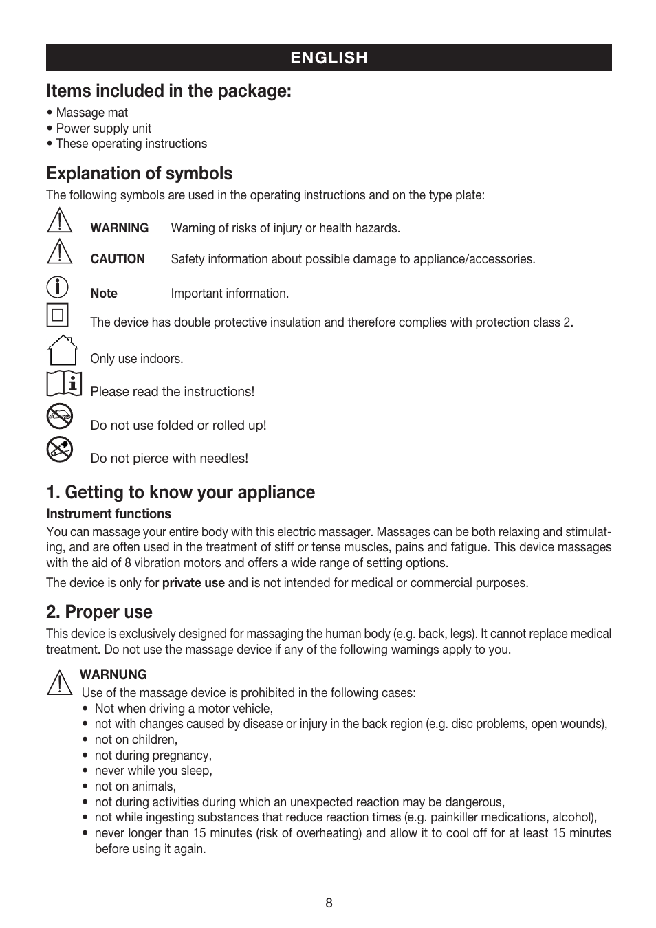 Items included in the package, Explanation of symbols, Getting to know your appliance | Proper use | Beurer MG 170 User Manual | Page 8 / 44