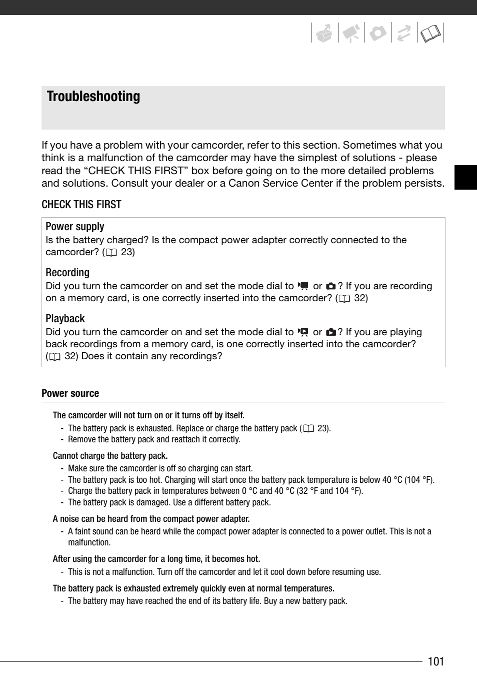Trouble, Troubleshooting, 101 trouble | Canon HD Camcorder VIXIA HG20 User Manual | Page 101 / 135