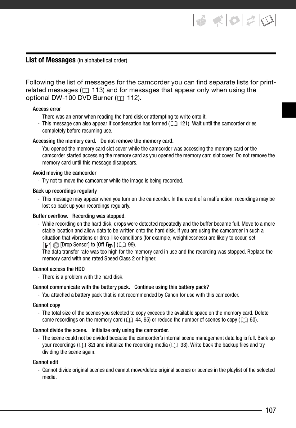 List of messages (in alphabetical order), List of messages, 107 list of messages | Canon HD Camcorder VIXIA HG20 User Manual | Page 107 / 135