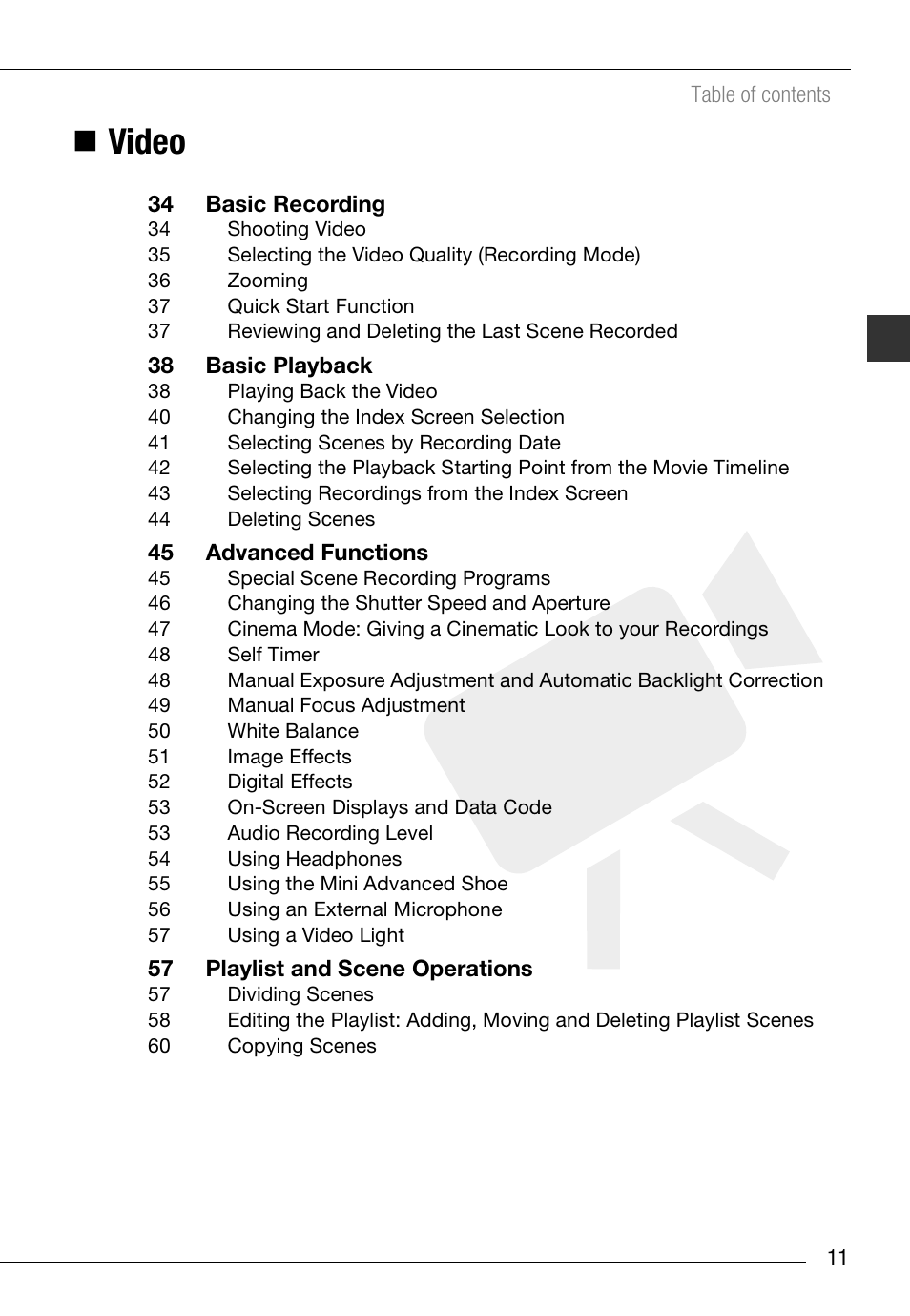 Video | Canon HD Camcorder VIXIA HG20 User Manual | Page 11 / 135