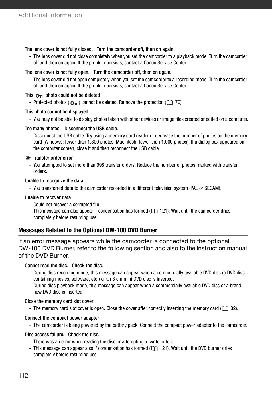 Messages related to the optional dw-100 dvd burner, Additional information | Canon HD Camcorder VIXIA HG20 User Manual | Page 112 / 135