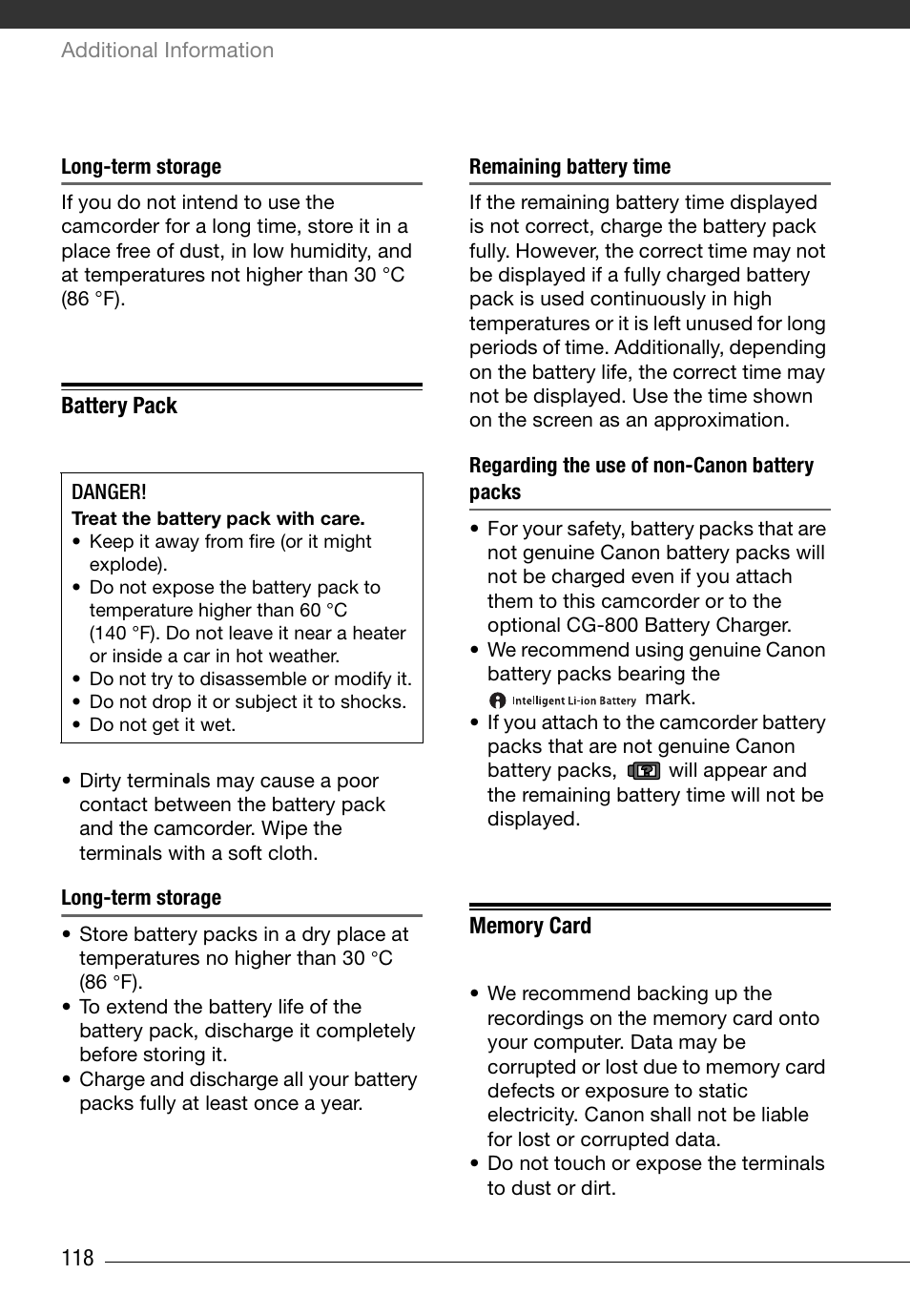 Long-term storage, Battery pack, Remaining battery time | Regarding the use of non-canon battery packs, Memory card | Canon HD Camcorder VIXIA HG20 User Manual | Page 118 / 135