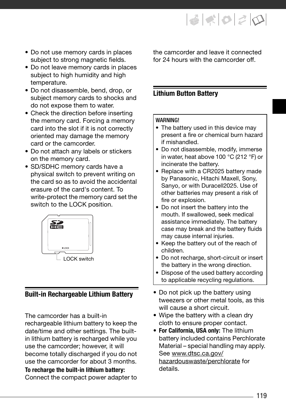 Built-in rechargeable lithium battery, Lithium button battery | Canon HD Camcorder VIXIA HG20 User Manual | Page 119 / 135