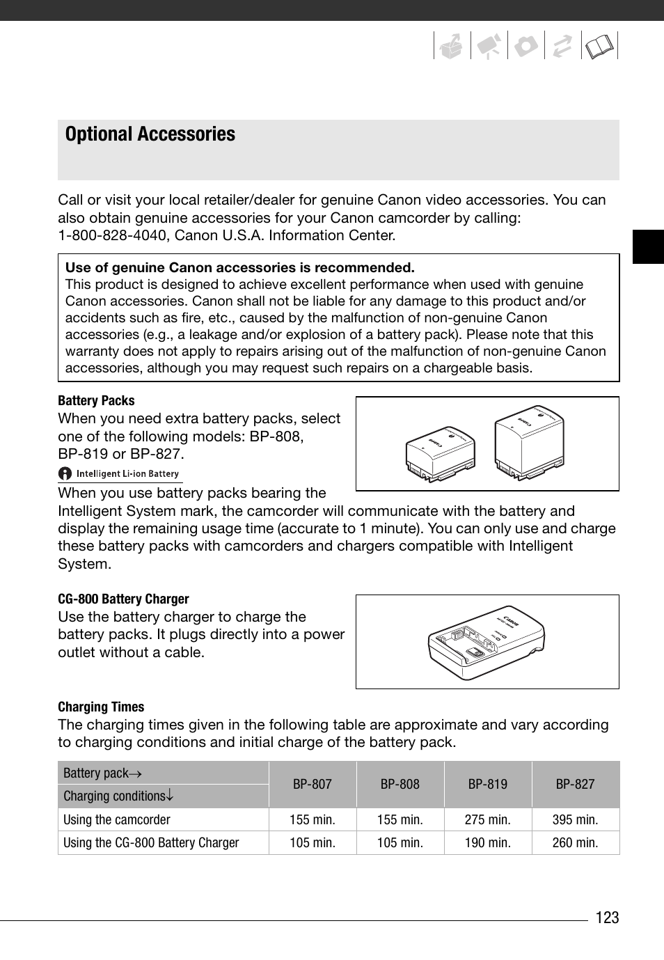 Optional accessories | Canon HD Camcorder VIXIA HG20 User Manual | Page 123 / 135