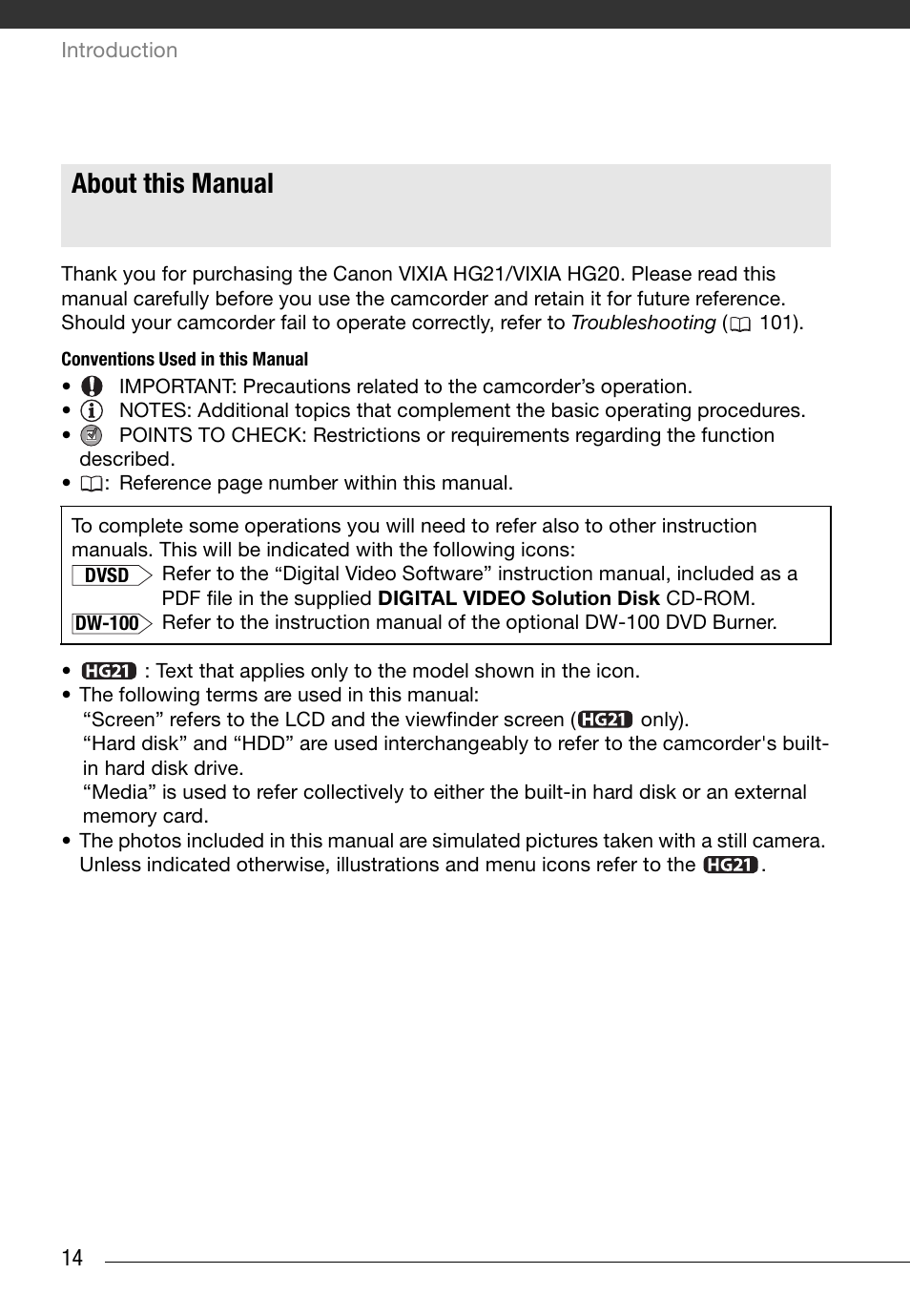 About this manual | Canon HD Camcorder VIXIA HG20 User Manual | Page 14 / 135