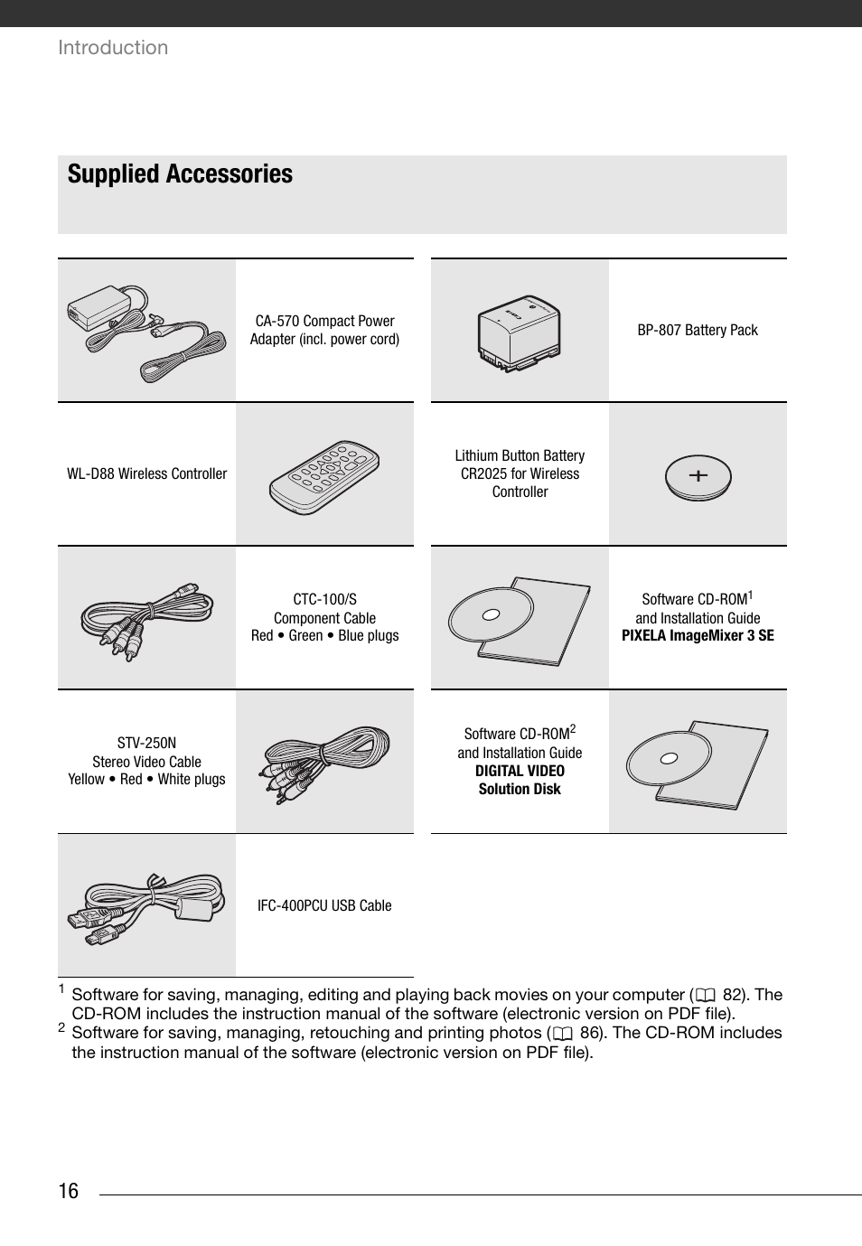 Getting to know the camcorder, Supplied accessories, Introduction | Canon HD Camcorder VIXIA HG20 User Manual | Page 16 / 135