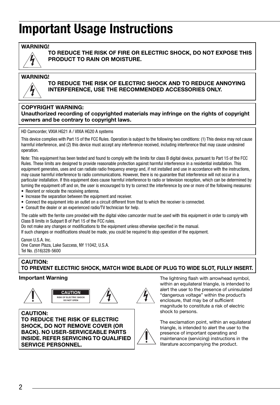 Introduction, Important usage instructions | Canon HD Camcorder VIXIA HG20 User Manual | Page 2 / 135