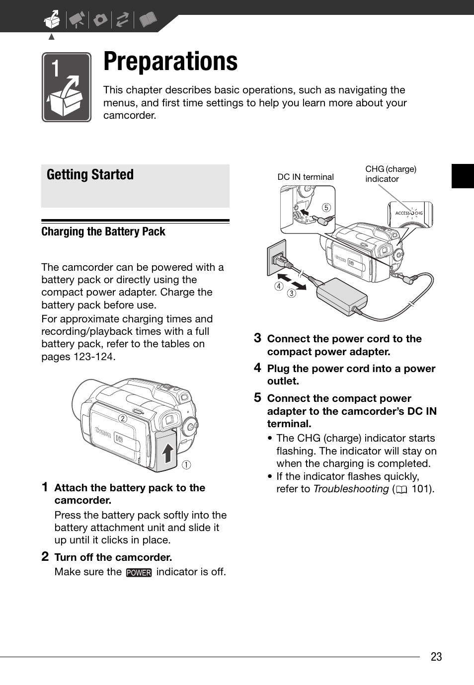 Preparations, Getting started, Charging the battery pack | Canon HD Camcorder VIXIA HG20 User Manual | Page 23 / 135