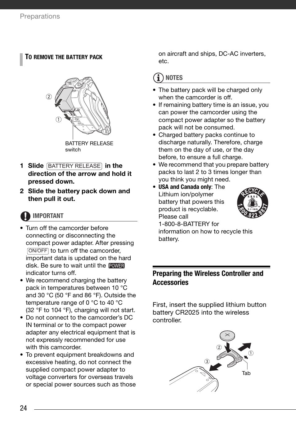 Preparing the wireless controller and accessories | Canon HD Camcorder VIXIA HG20 User Manual | Page 24 / 135