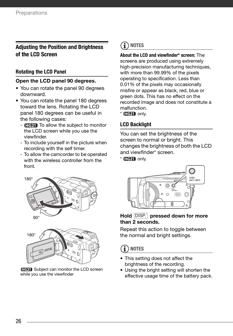 Rotating the lcd panel, Lcd backlight | Canon HD Camcorder VIXIA HG20 User Manual | Page 26 / 135