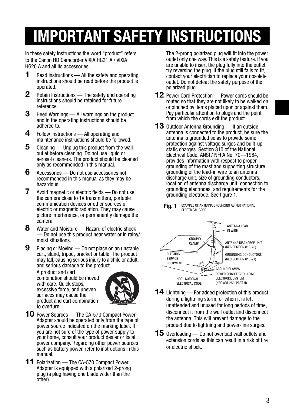 Important safety instructions | Canon HD Camcorder VIXIA HG20 User Manual | Page 3 / 135