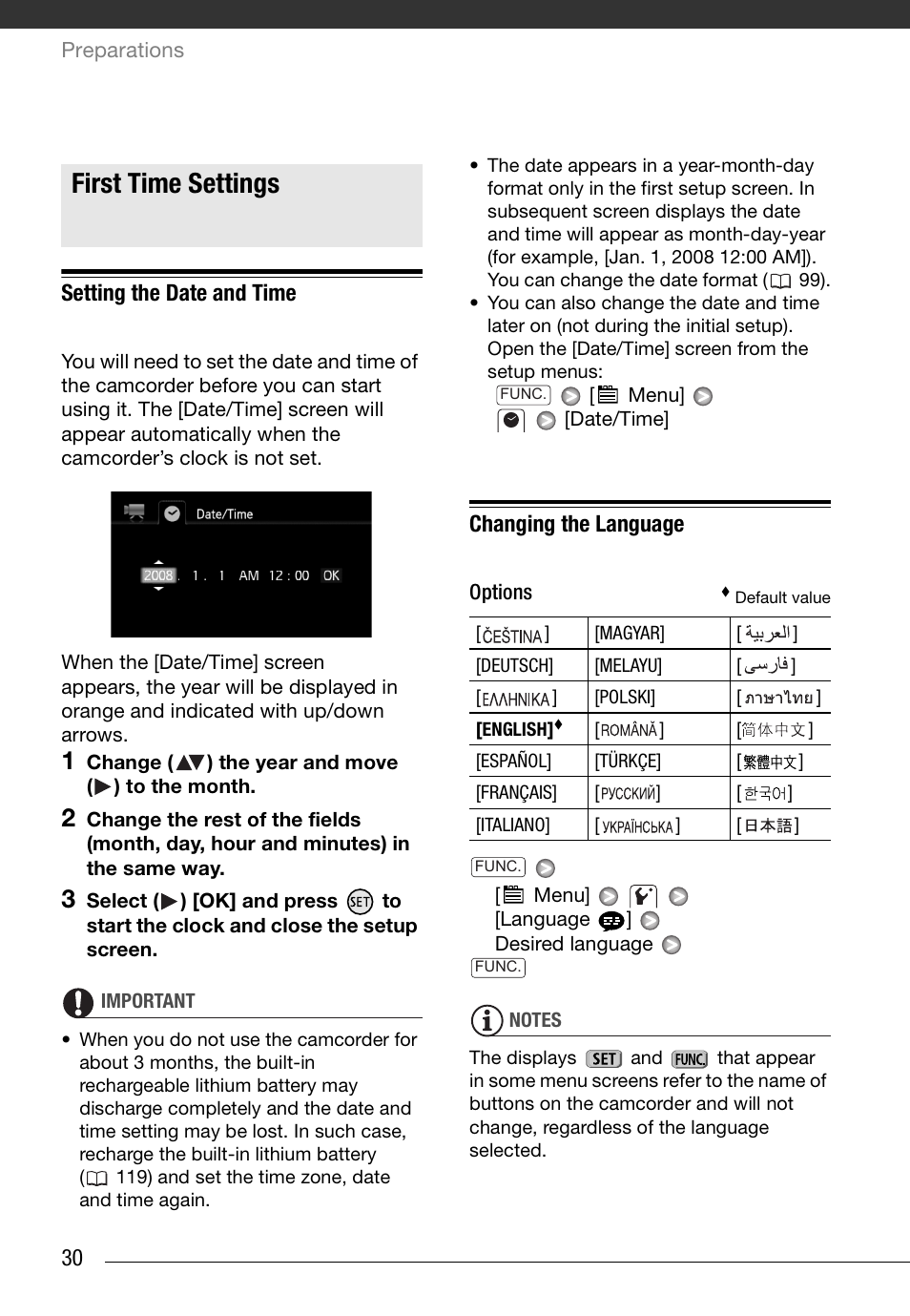 First time settings, Setting the date and time, Changing the language | 30 setting the date and time | Canon HD Camcorder VIXIA HG20 User Manual | Page 30 / 135