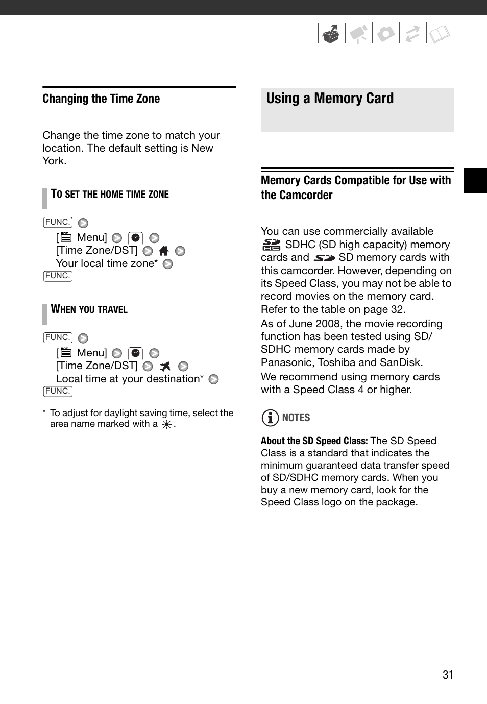 Changing the time zone, Using a memory card, Memory cards compatible for use with the camcorder | Canon HD Camcorder VIXIA HG20 User Manual | Page 31 / 135