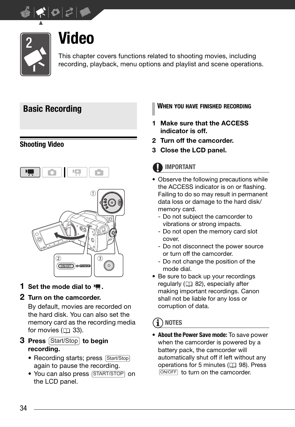 Video, Basic recording, Shooting video | Canon HD Camcorder VIXIA HG20 User Manual | Page 34 / 135