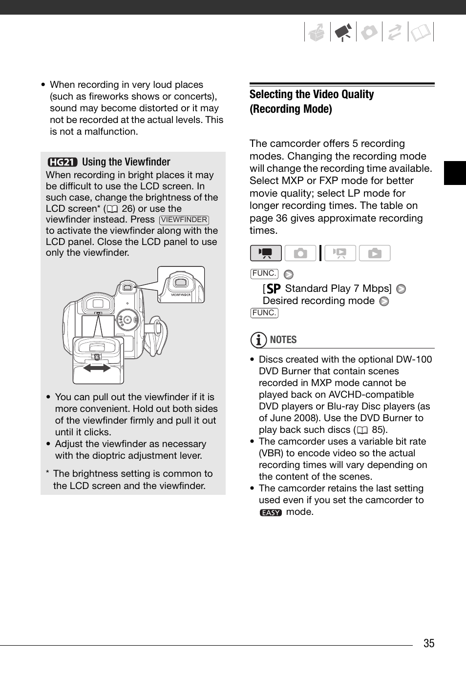 Selecting the video quality (recording mode) | Canon HD Camcorder VIXIA HG20 User Manual | Page 35 / 135