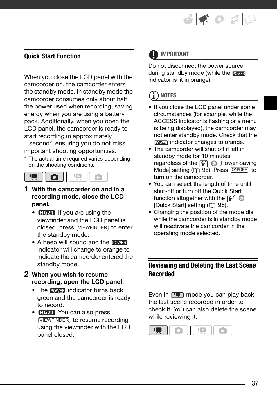 Quick start function, Reviewing and deleting the last scene recorded, 37 quick start function | Canon HD Camcorder VIXIA HG20 User Manual | Page 37 / 135