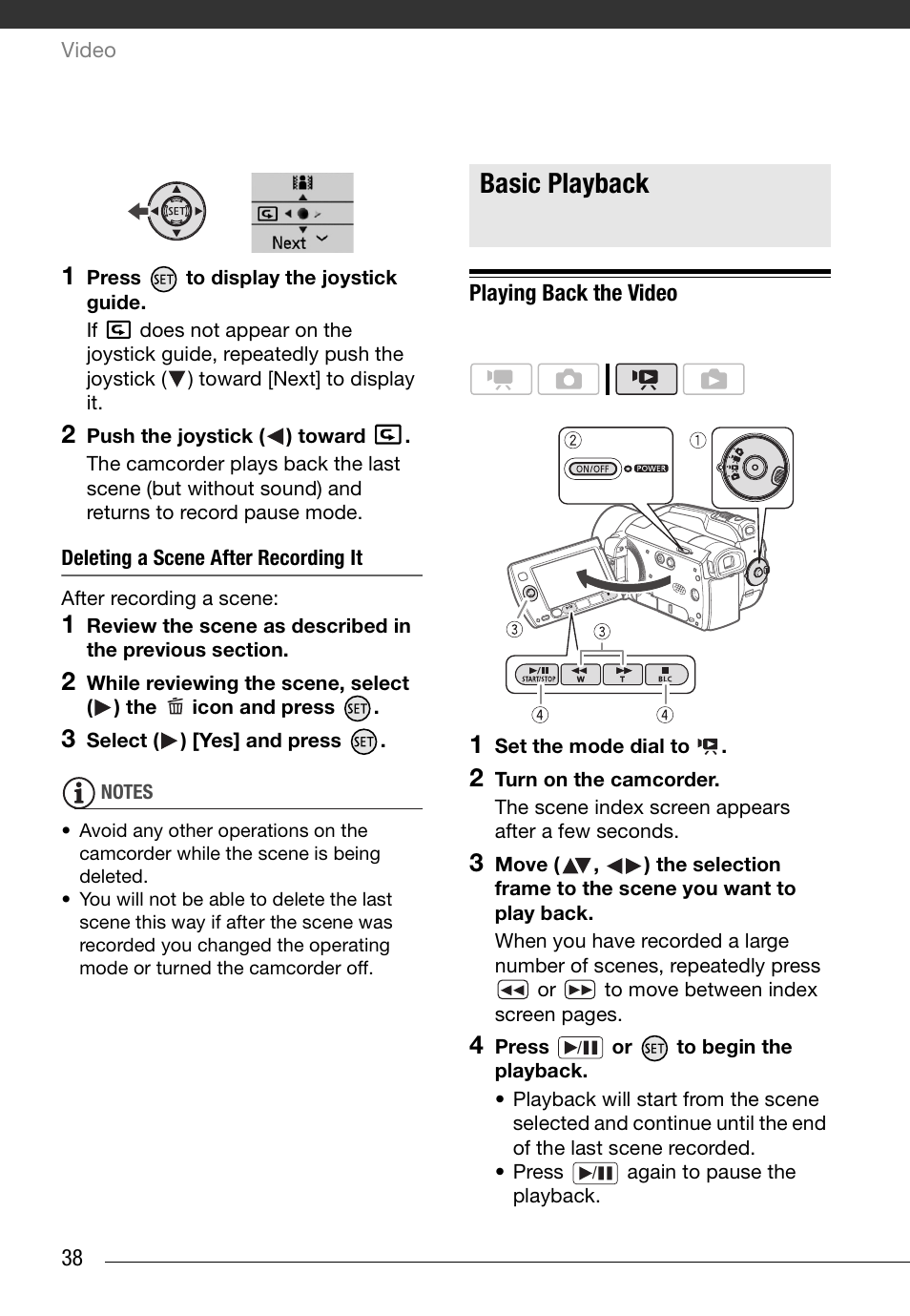 Deleting a scene after recording it, Basic playback, Playing back the video | Canon HD Camcorder VIXIA HG20 User Manual | Page 38 / 135