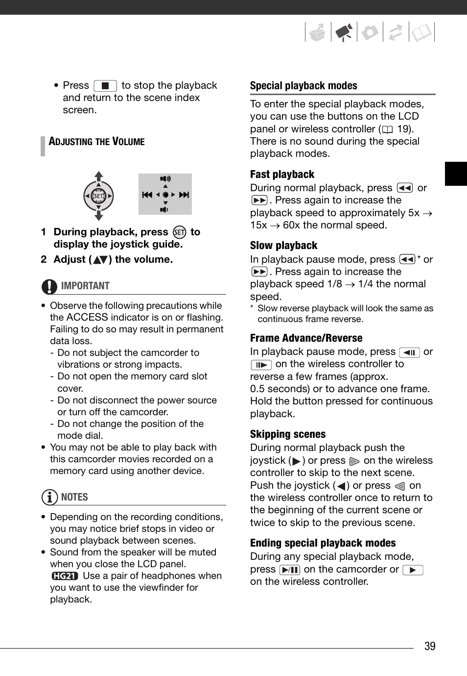 Special playback modes | Canon HD Camcorder VIXIA HG20 User Manual | Page 39 / 135