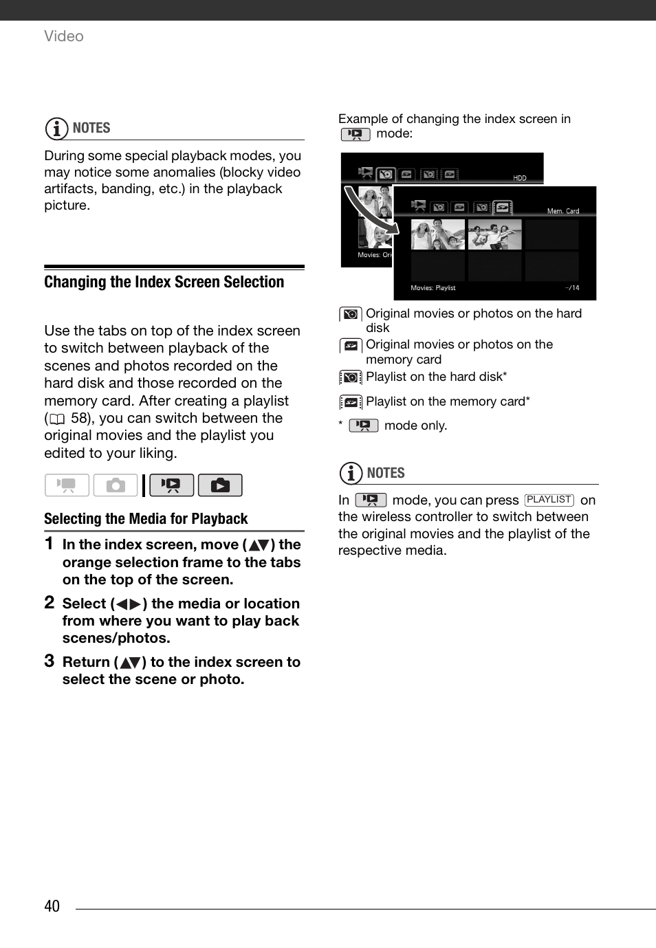 Changing the index screen selection, Selecting the media for playback | Canon HD Camcorder VIXIA HG20 User Manual | Page 40 / 135