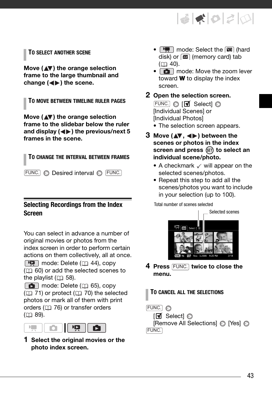 Selecting recordings from the index screen | Canon HD Camcorder VIXIA HG20 User Manual | Page 43 / 135