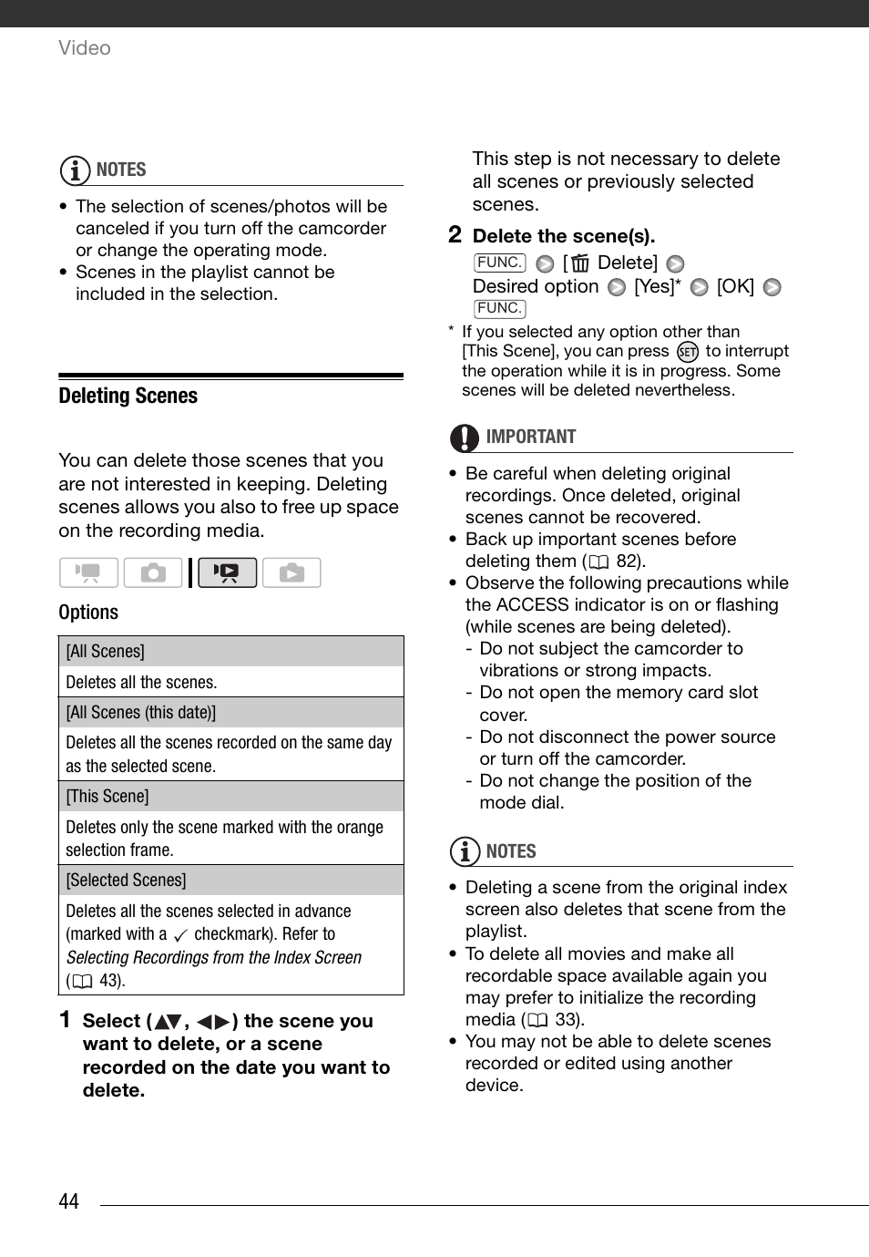 Deleting scenes | Canon HD Camcorder VIXIA HG20 User Manual | Page 44 / 135