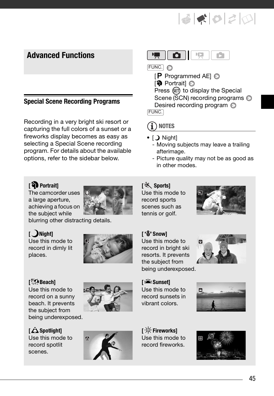 Advanced functions, Special scene recording programs, 45 special scene recording programs | Canon HD Camcorder VIXIA HG20 User Manual | Page 45 / 135