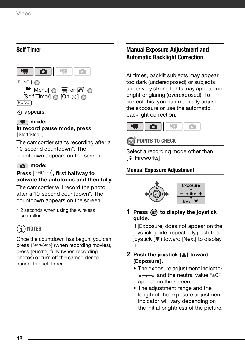 Self timer, Manual exposure adjustment | Canon HD Camcorder VIXIA HG20 User Manual | Page 48 / 135