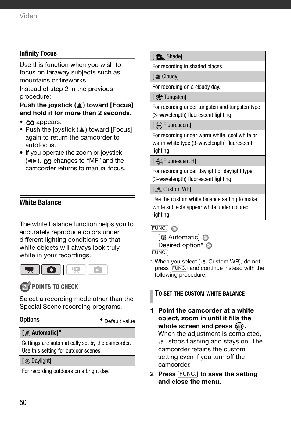 Infinity focus, White balance | Canon HD Camcorder VIXIA HG20 User Manual | Page 50 / 135
