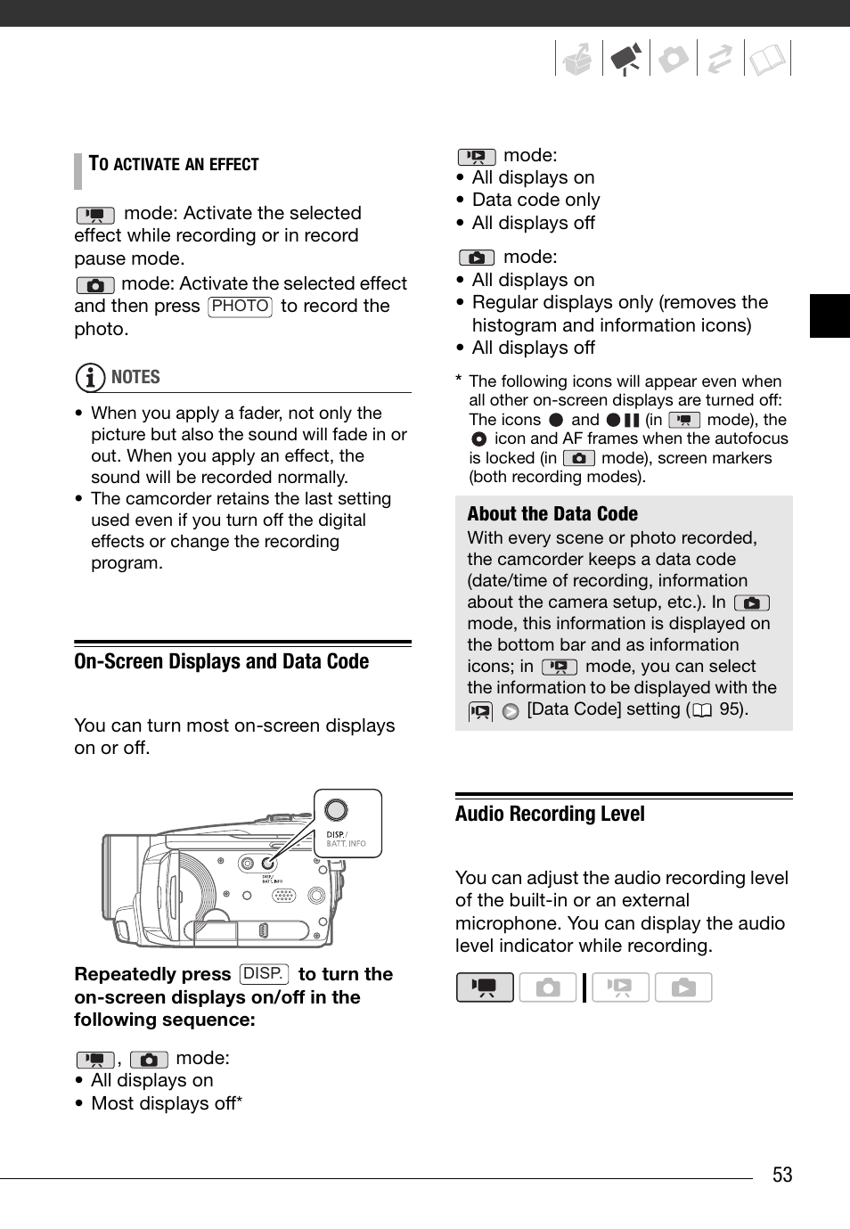 On-screen displays and data code, Audio recording level | Canon HD Camcorder VIXIA HG20 User Manual | Page 53 / 135