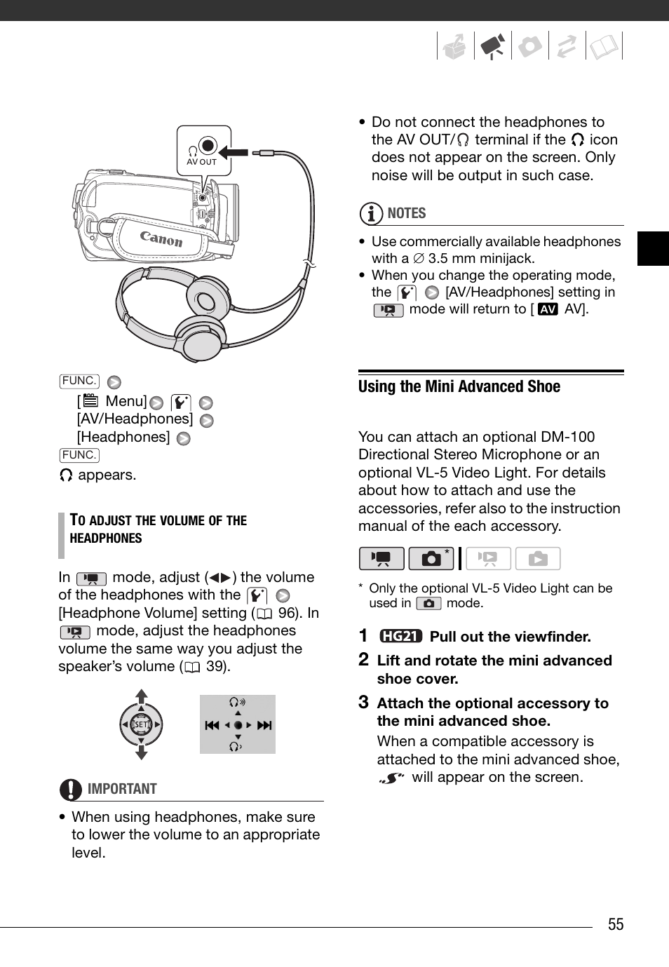 Using the mini advanced shoe | Canon HD Camcorder VIXIA HG20 User Manual | Page 55 / 135