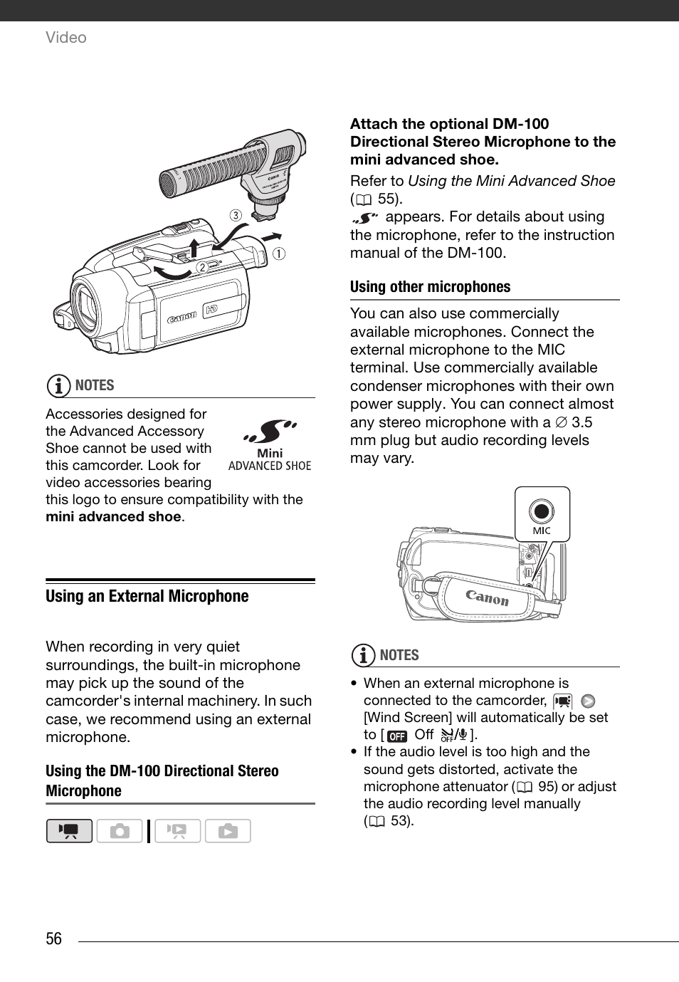 Using an external microphone, Using the dm-100 directional stereo microphone, Using other microphones | Canon HD Camcorder VIXIA HG20 User Manual | Page 56 / 135