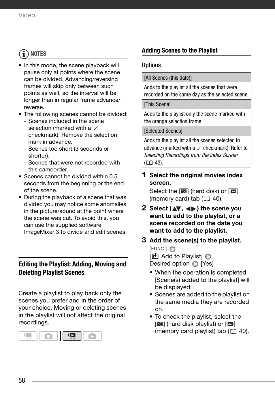 Adding scenes to the playlist | Canon HD Camcorder VIXIA HG20 User Manual | Page 58 / 135