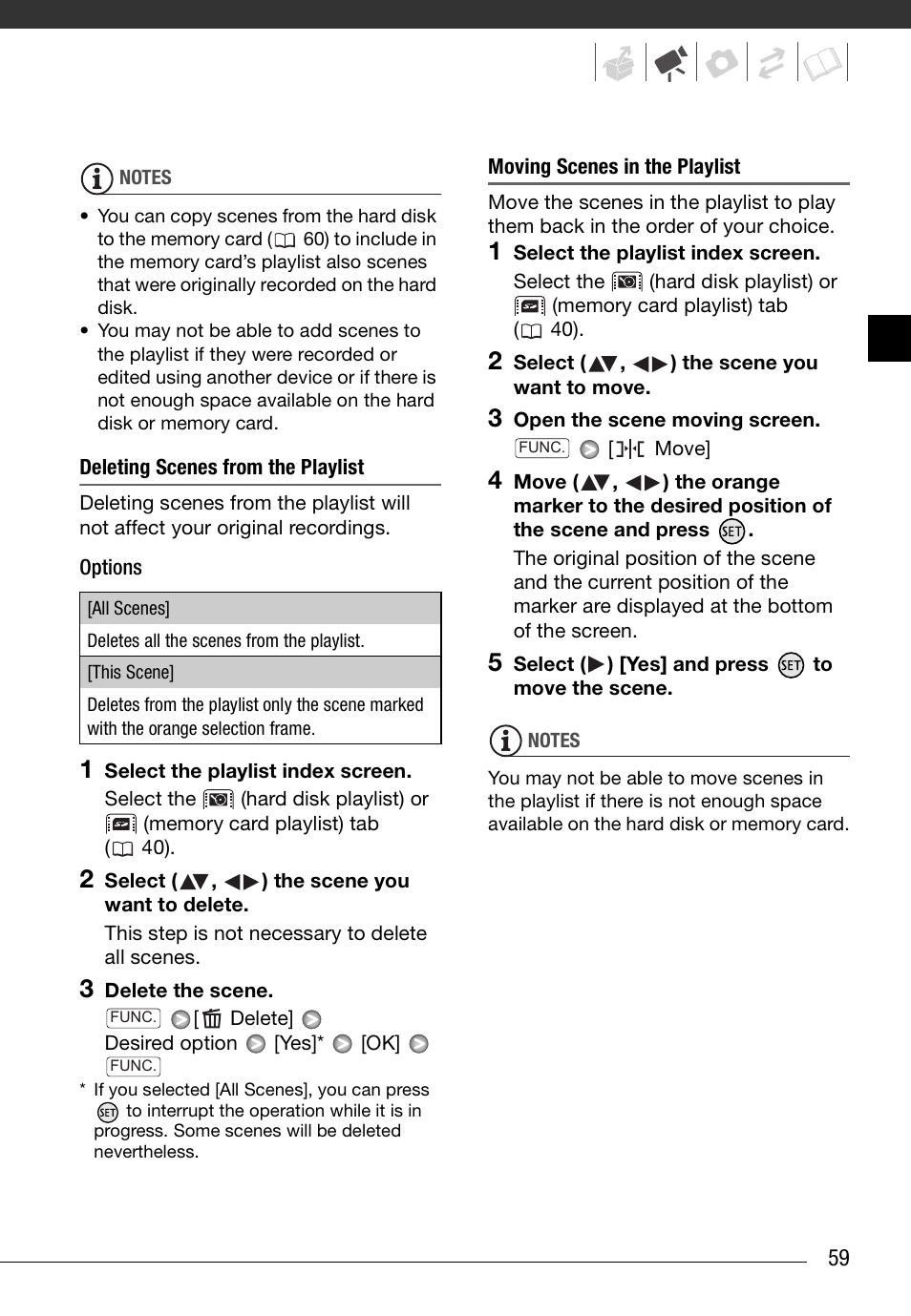 Deleting scenes from the playlist, Moving scenes in the playlist | Canon HD Camcorder VIXIA HG20 User Manual | Page 59 / 135