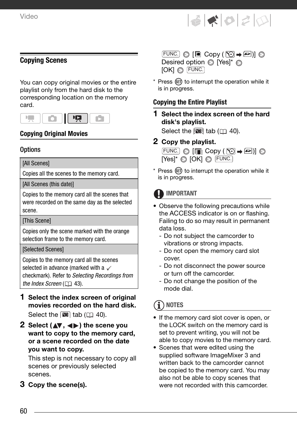 Copying scenes, Copying original movies, Copying the entire playlist | 60 copying scenes | Canon HD Camcorder VIXIA HG20 User Manual | Page 60 / 135