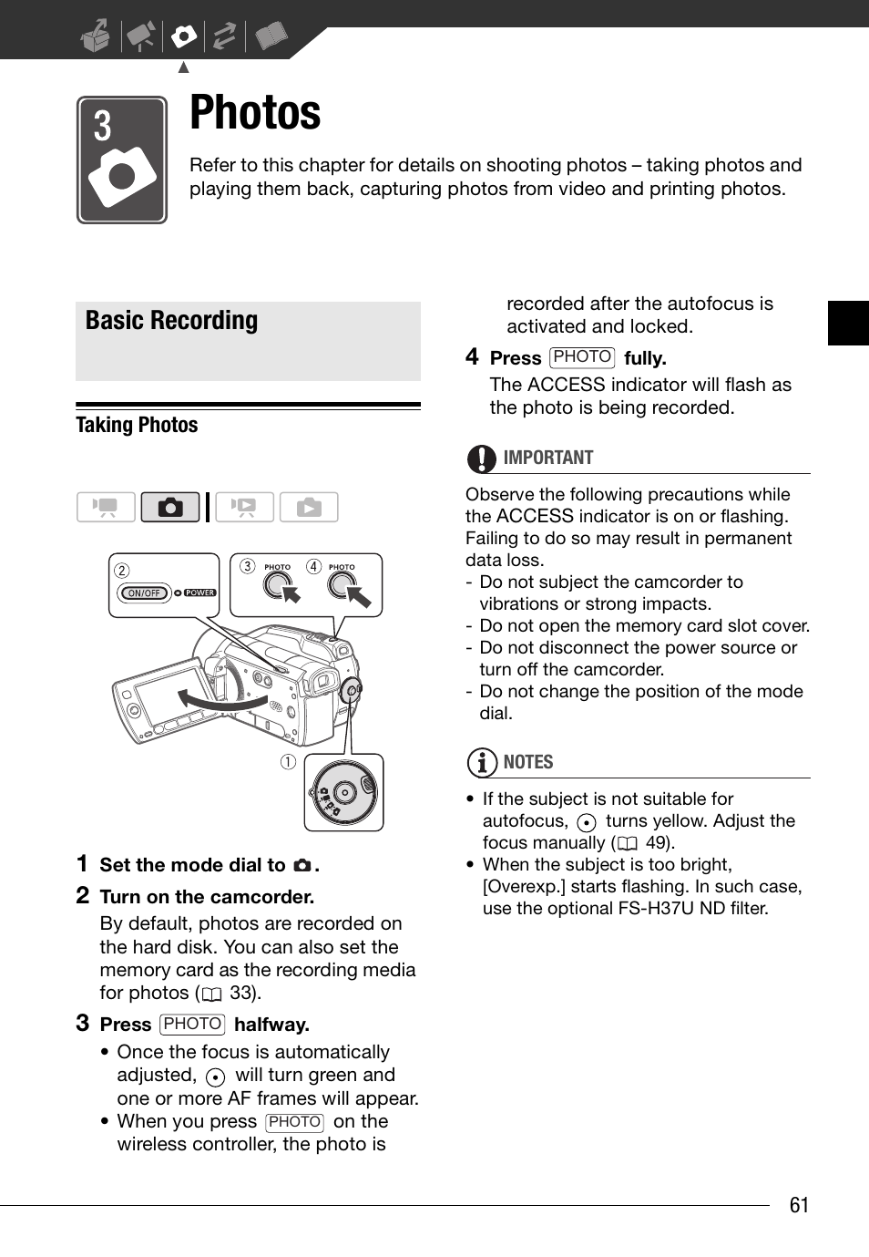 Photos, Basic recording, Taking photos | Canon HD Camcorder VIXIA HG20 User Manual | Page 61 / 135