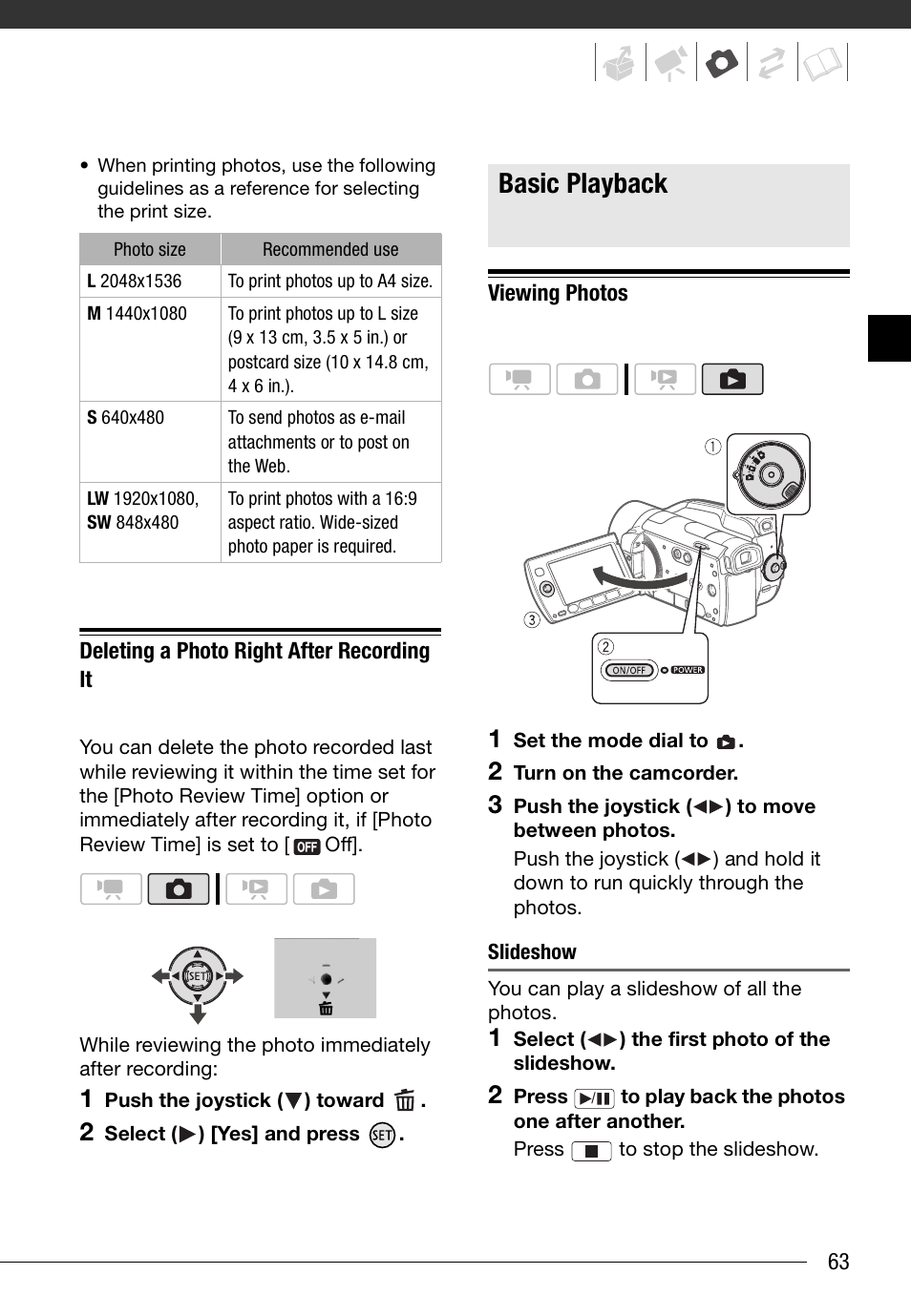 Deleting a photo right after recording it, Basic playback, Viewing photos | Slideshow | Canon HD Camcorder VIXIA HG20 User Manual | Page 63 / 135