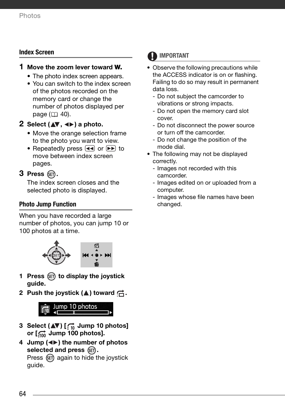 Index screen, Photo jump function | Canon HD Camcorder VIXIA HG20 User Manual | Page 64 / 135