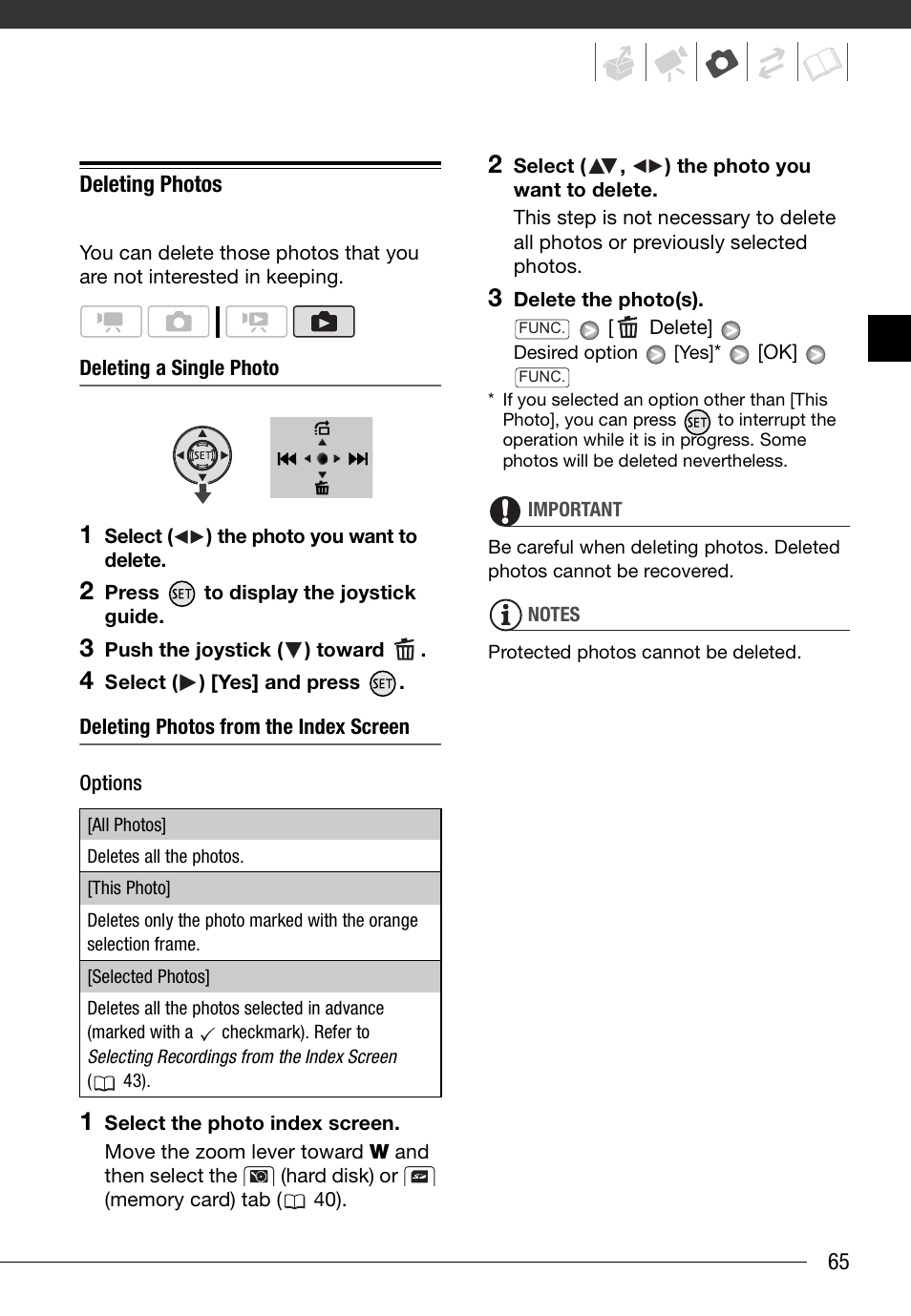Deleting photos, Deleting a single photo, Deleting photos from the index screen | Canon HD Camcorder VIXIA HG20 User Manual | Page 65 / 135