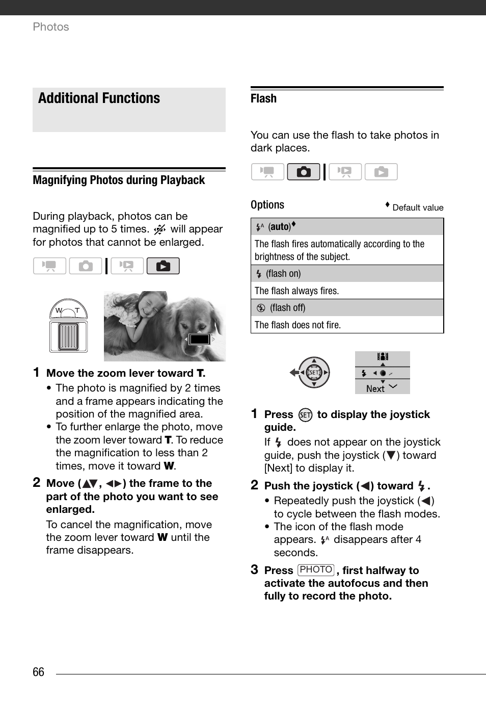 Additional functions, Magnifying photos during playback, Flash | Canon HD Camcorder VIXIA HG20 User Manual | Page 66 / 135
