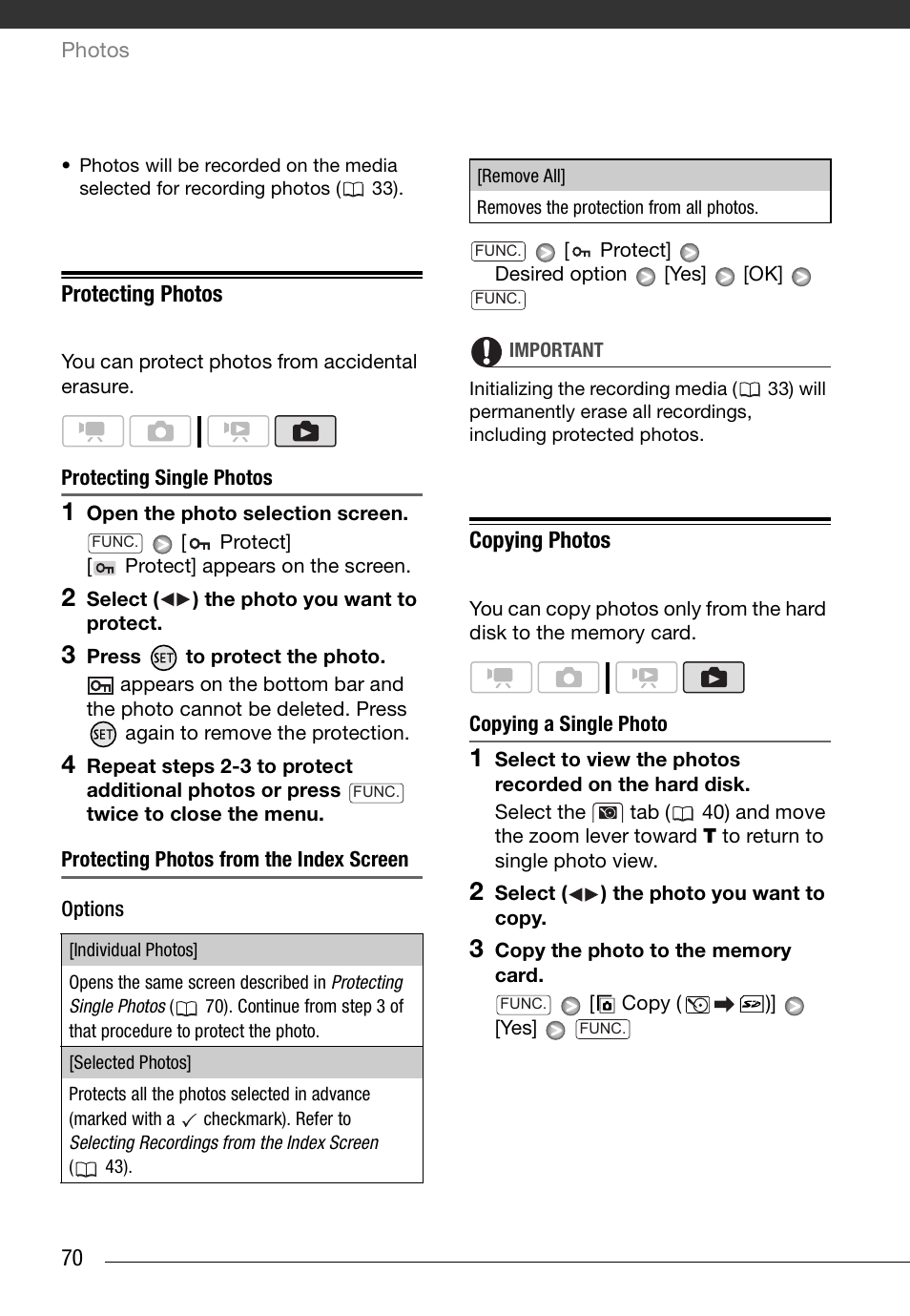 Protecting photos, Protecting single photos, Protecting photos from the index screen | Copying photos, Copying a single photo | Canon HD Camcorder VIXIA HG20 User Manual | Page 70 / 135