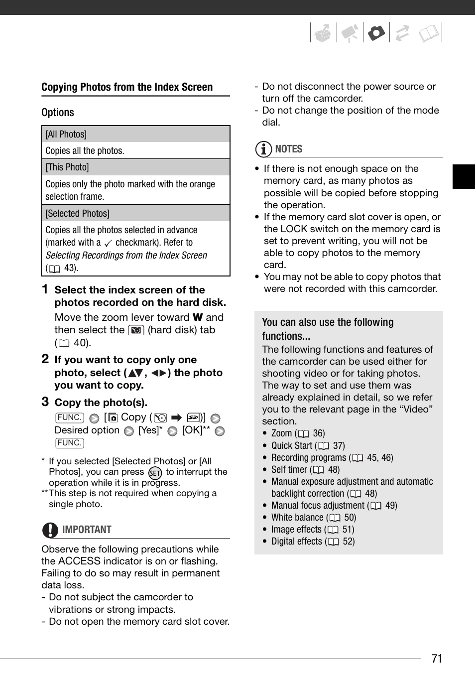 Copying photos from the index screen, Other functions you can use when taking photos | Canon HD Camcorder VIXIA HG20 User Manual | Page 71 / 135