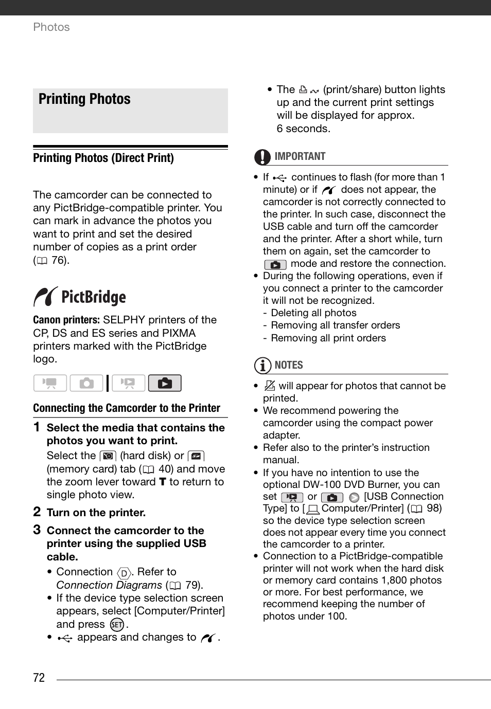 Printing photos, Printing photos (direct print), Connecting the camcorder to the printer | Canon HD Camcorder VIXIA HG20 User Manual | Page 72 / 135