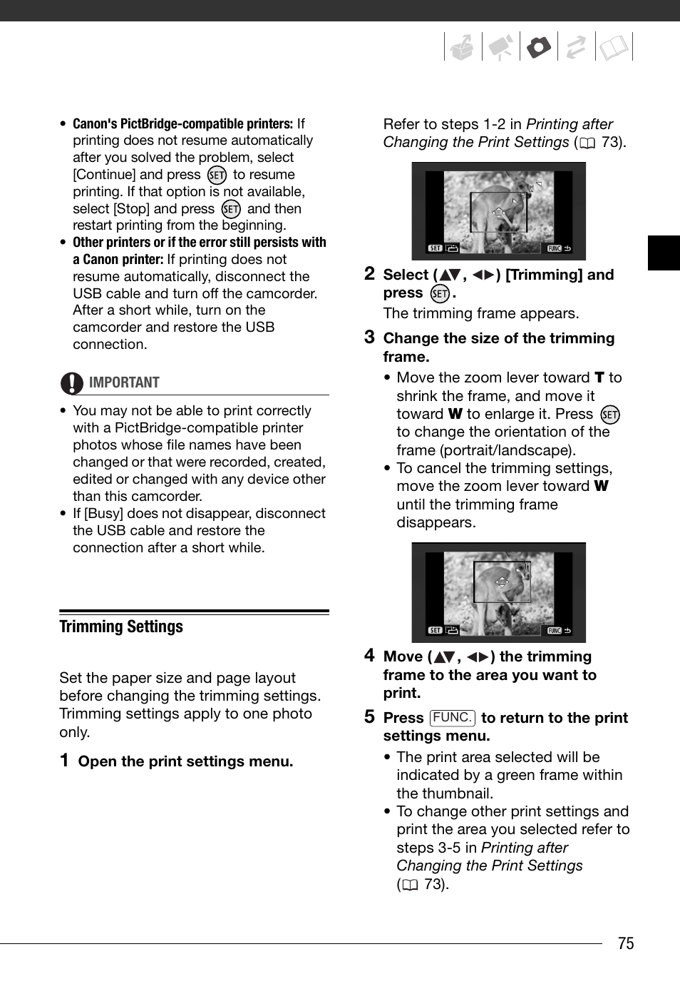 Trimming settings | Canon HD Camcorder VIXIA HG20 User Manual | Page 75 / 135