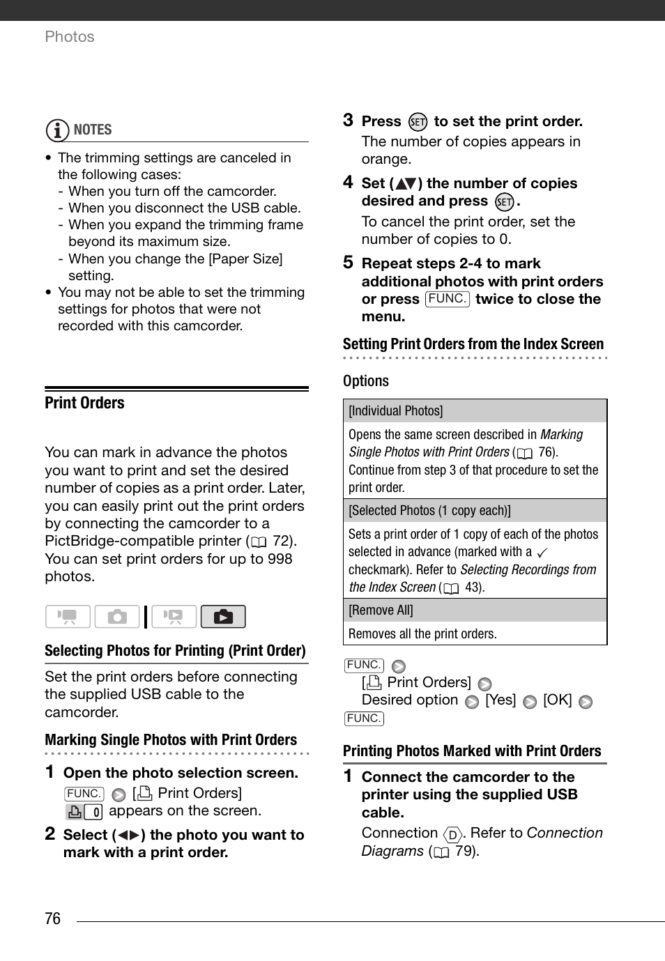 Print orders, Selecting photos for printing (print order), Printing photos marked with print orders | Canon HD Camcorder VIXIA HG20 User Manual | Page 76 / 135