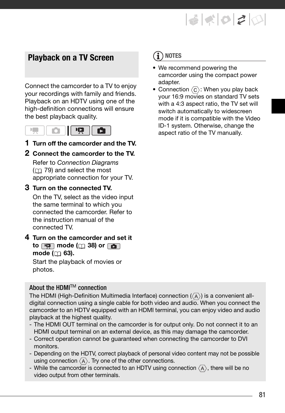 Playback on a tv screen | Canon HD Camcorder VIXIA HG20 User Manual | Page 81 / 135