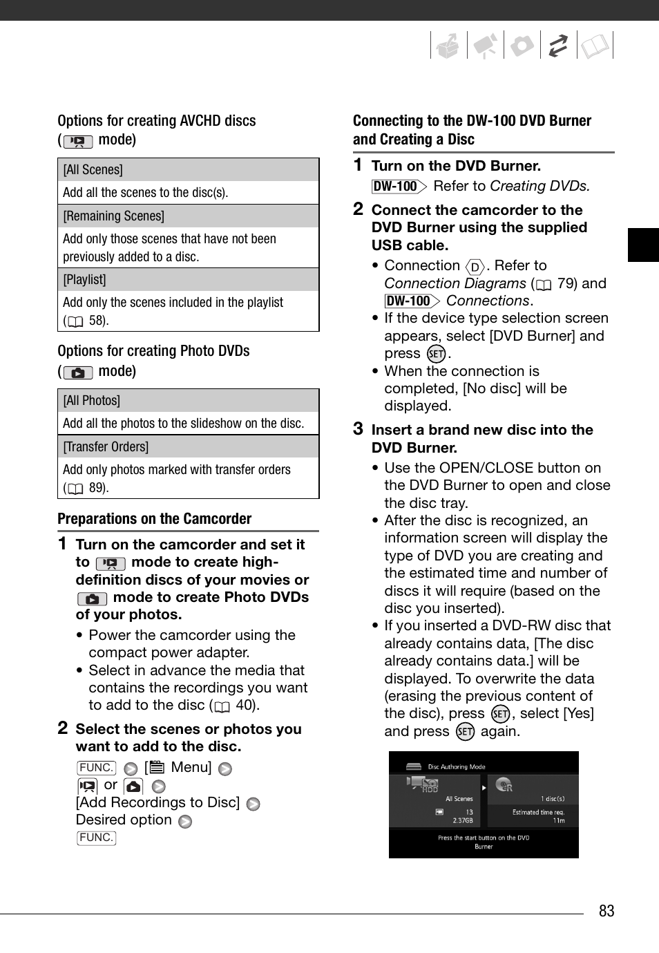 Preparations on the camcorder | Canon HD Camcorder VIXIA HG20 User Manual | Page 83 / 135