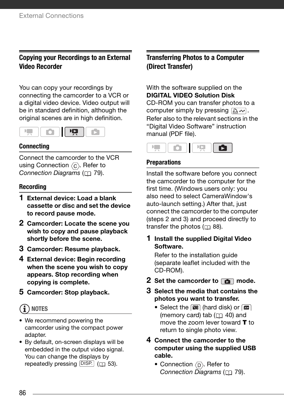 Connecting, Recording, Preparations | Canon HD Camcorder VIXIA HG20 User Manual | Page 86 / 135